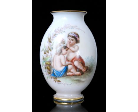 A late 19th Century Josef Ahne glass vase of compressed ovoid form with flared collar neck, hand enamel decorated with putti 