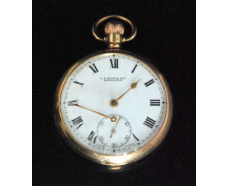 A 1930s 9ct open face crown wind gentleman's pocket watch, the white enamel dial with Roman numerals, subsidiary seconds dial