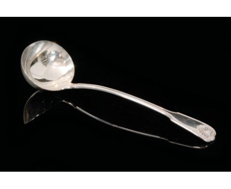 An late Victorian hallmarked silver fiddle, thread and shell pattern ladle, weight 10oz, length 32cm, London 1900, Francis Hi