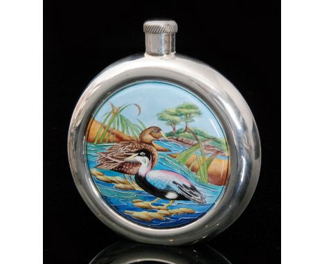 A cased Moorcroft enamel and hallmarked silver circular hip flask with a central enamel panel of ducks to a river landscape, 