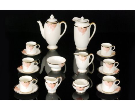 A 1930s Royal Doulton Art Deco Tango pattern coffee set in orange and black comprising coffee pot, hot water pot, milk jug, s