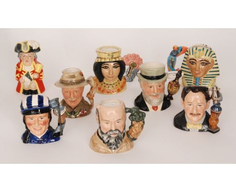 Eight Royal Doulton character jugs comprising Tutankhamen D7127, Lord Baden Powell D7144, Town Crier D6920, Willie Carson OBE