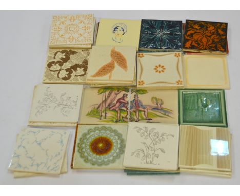 A large collection of assorted 6" tiles to include three Pilkington's examples, the first with a hand painted head and should