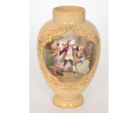 A 19th Century Bohemian vase by Josef Ahne of footed ovoid form with collar neck, enamel decorated with a large cartouche pan