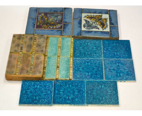 A collection of assorted Pilkington's tiles to include two framed panels with lustre and panel tiles, two framed panels with 