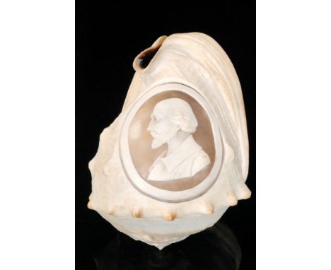 A 19th Century carved cameo conch shell, detailed with a profile portrait of William Shakespeare and titled the same.