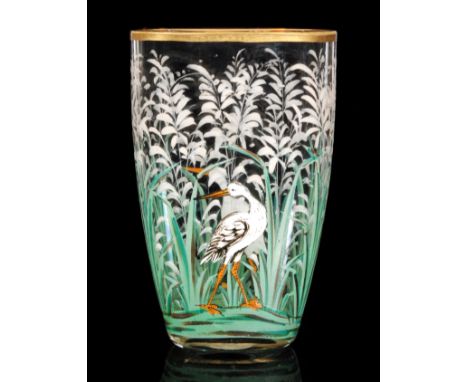 A small early 20th Century Continental glass vase in the manner of Moser of compressed ovoid form, enamel decorated with Hero