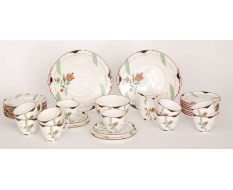 A 1930s Art Deco Minton part teaset decorated in pattern B1242 comprising ten teacups, ten saucers, ten side plates, two cake