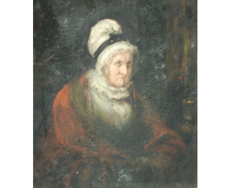 CIRCLE OF DAVID WILKIE (1785-1841) - Portrait of an elderly lady wearing a bonnet, oil on board, bears a 19th century hand-wr