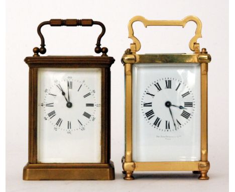 A 20th Century French brass carriage clock with white enamelled dial by Sir John Bennett Limited Paris, bevelled glass sides 