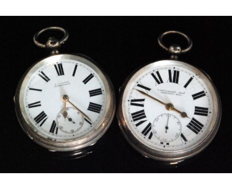 Two hallmarked silver English level open faced pocket watches, Roman numerals to a white enamelled dial, marked Cartwright Br