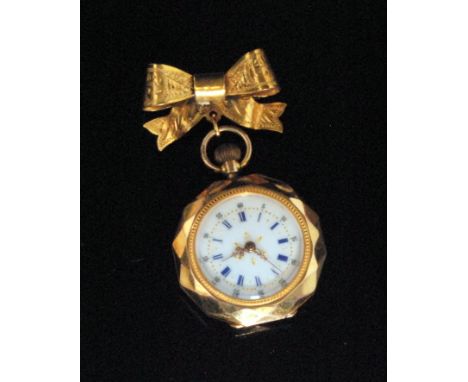 A 20th Century 14ct Continental lady's pendant fob watch, the circular enamel dial with blue enamel Roman numerals, contained