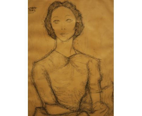 R.T. HERMES (20TH CENTURY) - Portrait of Dame Alicia Markova, half length seated, charcoal drawing, signed, framed, 69cm x 47
