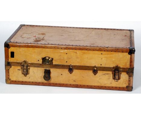 An 1940s 'B.A.L. built baggage' travelling wardrobe or steamer trunk, with applied  letters D.B. for Doris Barry, the tan col