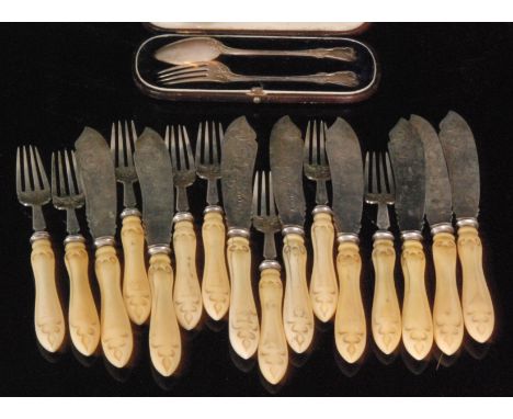 A set of eight Victorian hallmarked silver fish knives with forks, each foliate engraved with carved ivory handle bearing an 