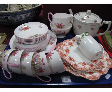 Shelley Pink Handled Tea Ware, of twenty pieces, Carlton rose pattern teapot, Foley jug, etc:- One Tray