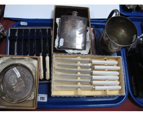1981 Royal Commemorative Dish, cased and boxed sets of knives, mug (initialled) and a hip flask in original box.