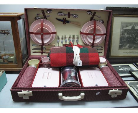 A Vintage Brexton Travelling Picnic Case and Rug, with "Harrods" retail label'.