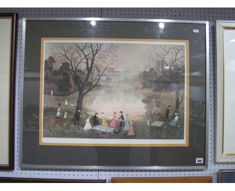 After Helen Bradley, print, signed in pencil bottom right, (Lakesde picnic and Sunday afternoon stroll)