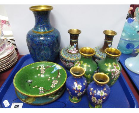 A Pair of Multi Coloured Cloisonne Vases, with foliate and Art Nouveau decoration 15.5cm high, two pairs smaller, dish, plate