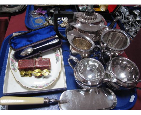 Plated Tea Wares, Wedgwood Kutani Crane trinket dish (boxed) sovereign scales, cased spoon and a crumb scoop:- One Tray