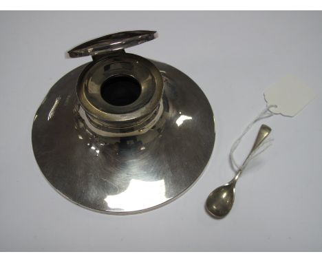 A Chester Hallmarked Silver Capstan Inkwell, base 14cm diameter; a hallmarked silver mustard spoon. (2)
