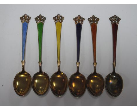 Theodor Olsens Eftf Set of Six Norwegian Harlequin Enamel Coffee Spoons, stamped "9258 sterling Norway", in a vintage "Juvele
