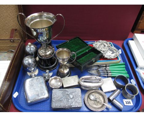 A Hallmarked Silver Salt, plated trophy cups, dessert forks, double aperture picture frame, hip flask, lighter, matchbox cove