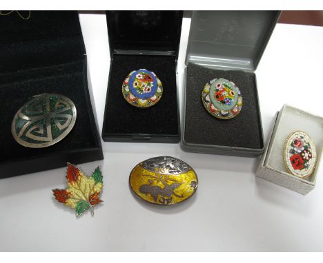 A Sterling Silver &amp; Enamel Maple Leaf Brooch, Siam &amp; Mexican examples plus three Micromosaic brooches.