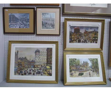 Four George Cunningham Unsigned Prints, Saturday Night, Ranmoor, Early Doors, Cole Brothers; together with a print of Bakewel