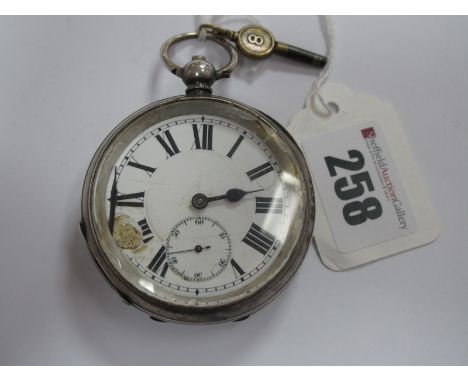 A Hallmarked Silver Cased Openface Pocketwatch, the white dial (damages) with black Roman numerals and seconds subsidiary dia