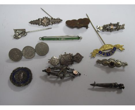 Hallmarked Silver and Other Bar Brooches, including Aesthetic style, Mizpah, JA&amp;S enamel (damaged), "PRIMO" pin, stickpin