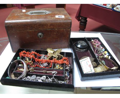 A Wooden Jewellery Box Containing Assorted Costume Jewellery, including a coral coloured graduated twig necklace, a hallmarke