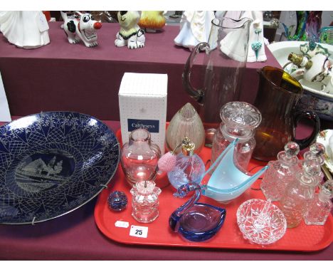 A Caithness Atomiser, glass jugs, tear drop spill vase, bottles etc:- One Tray, and a silvered blue glass wall plate.