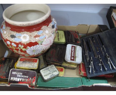 BWC Geometry Set, castell slide rule, ruler, other geometry items, Satsuma Jardiniere (cracked), quantity of tins:- One Box 