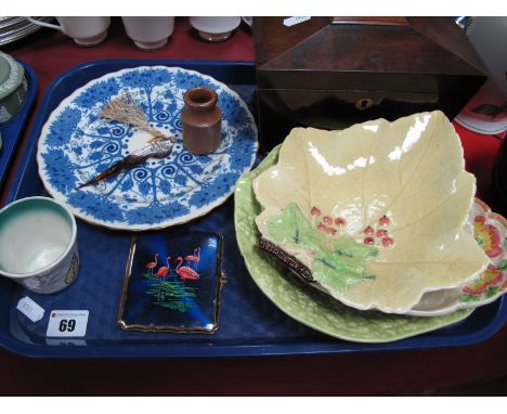 A XIX Century Mahogany Tea Caddy of Sarcophagus Form. Royal Doulton Art Nouveau plate, other ceramics, Stratton Flamingo ladi