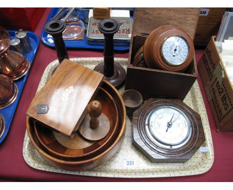 S.B Oak Cased Barometer, turned candlesticks, card box etc:- One Tray 