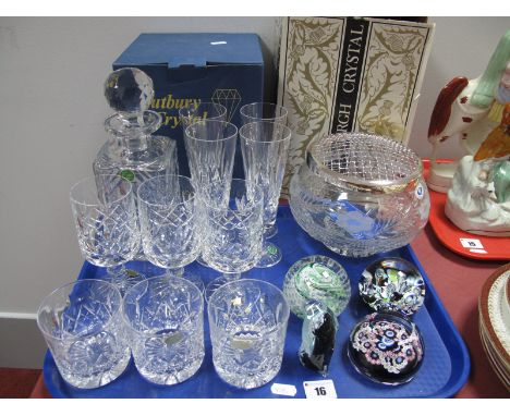 Four Stuart Cut Glass Champagne Flutes, three whisky and four others, decanter, Tutbury rose bowl, Hoglund penguin and three 