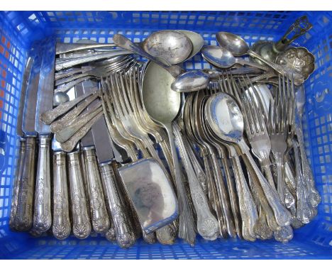 Assorted Plated King's Pattern Cutlery, plated hip flask base cup (initialled), etc:- One Box