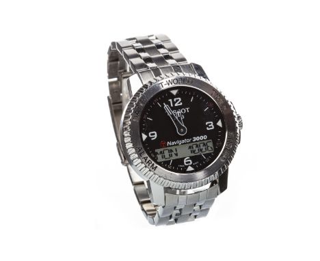 GENTLEMAN'S TISSOT NAVIGATOR 3000 STAINLESS STEEL QUARTZ WRIST WATCH, the round black dial with Arabic 12, 3, 6 and 9, baton 