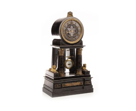 VICTORIAN EBONISED WOODEN CASED MANTEL CLOCK, the circular dial with Roman numerals and 8 day movement, supported by stylised