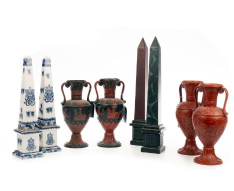 PAIR OF BLUE AND WHITE TRANSFER PRINTED CERAMIC OBELISKS, decorated with a regal cypher, 37 cm high; along with another pair 