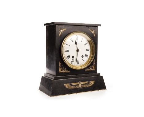 VICTORIAN BLACK SLATE MANTEL CLOCK, the white enamel dial with Roman numerals and 8 day movement, indistinctly inscribed, con