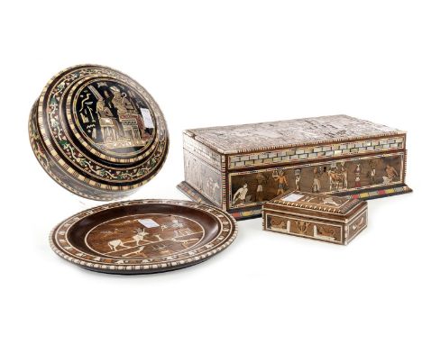 VICTORIAN OAK CIRCULAR SALAD BOWL, with ceramic liner and plated ‘Egyptian’ mounts, 30 cm wide; along with two inlaid trinket