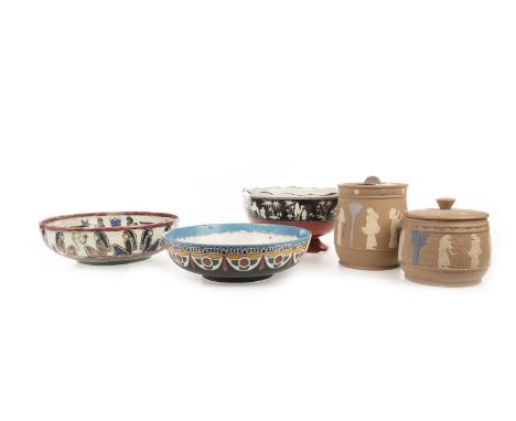 EGYPTIAN REVIVAL CERAMIC CIRCULAR FRUIT BOWL, hand painted with Egyptian subjects by E. L. Marsland, 1924, 25 cm diameter; al