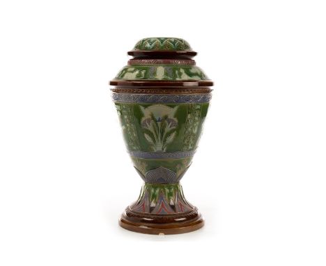 VICTORIAN MAJOLICA BALUSTER OIL LAMP BASE, with detachable collar, decorated with panels of Egyptian charioted warriors, lotu