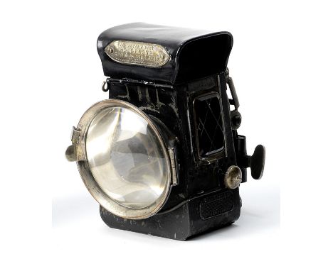 A Lucas 'Holophote' oil illuminated cycle lamp for Premier Cycle Company, New York, patented in USA 23rd July 1889.Japanned b