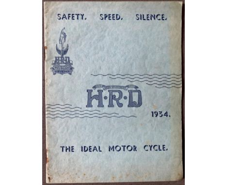 A rare 1934 Vincent-HRD sales brochuredetailing the Model W, Model P, Model PS, Model J, Model JW and Noxal sidecars, 12pp, s