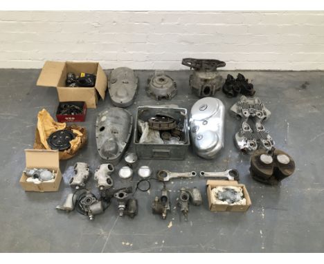 A quantity of mainly Triumph engine componentscomprising engine crankcase numbered T100 28596, crankcase half numbered 5T 083