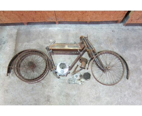 A veteran or vintage V-twin motorcycle project,possibly Sarolea engined, comprising frame (no number visible), front forks, p